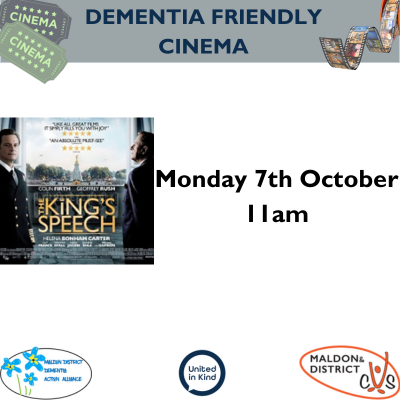 Dementia friendly cinema Monday 7th October 11am
