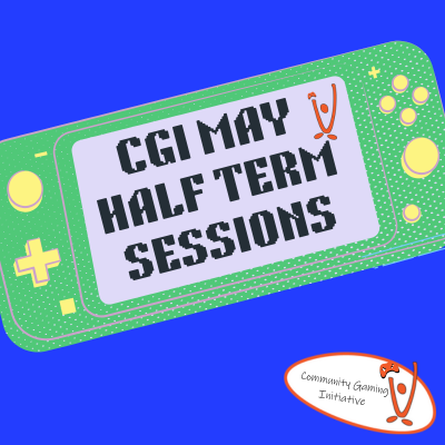 Green handheld gaming console with "CGI May Half Term Sessions" text on screen against a blue background. Logo reads "Community Gaming Initiative."