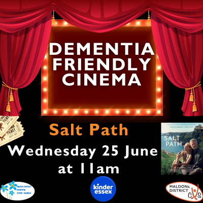 Red theater curtains frame a marquee reading "Dementia Friendly Cinema." Below, details for "Salt Path" on Wednesday, 25 June at 11am.