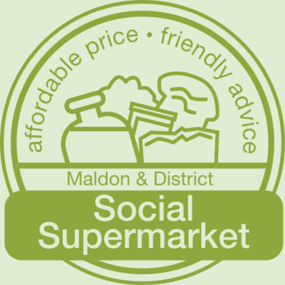 Green logo of Maldon & District Social Supermarket with images of groceries and text "affordable price • friendly advice" on a circular badge.