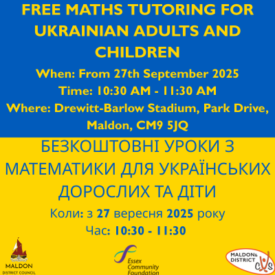 Free math tutoring poster for Ukrainian adults and children starting 27th September 2025. Information in English and Ukrainian, featuring logos.