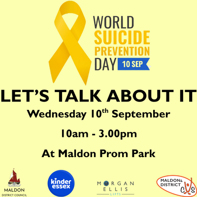 Yellow ribbon with "World Suicide Prevention Day 10 Sep" text above "Let's Talk About It" event details for September 10th at Maldon Prom Park.