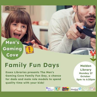 A child and adult excitedly play video games together on a couch. Text promotes "Family Fun Days" on October 27 at Maldon Library from 5-6:30pm