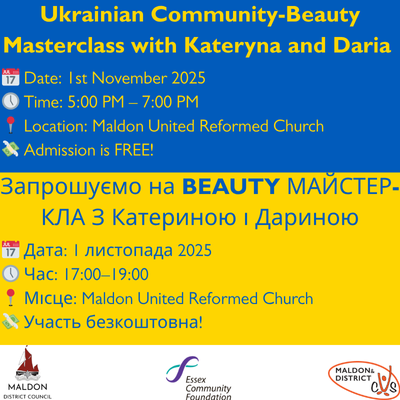 Ukrainian Beauty Masterclass flyer with date, time, and location details in English and Ukrainian. Includes logos for Maldon, Essex, and Maldon CVS.