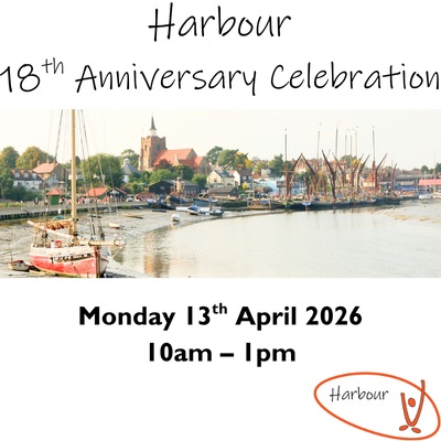 Harbour's 18th Anniversary Celebration invite with a serene river scene, boats docked, and a church in the background. Event on April 13, 2026, 10am-1pm.