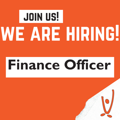 Orange background hiring ad with bold white text "Join Us! We Are Hiring!" and black text "Finance Officer." Corner has a simplistic logo design.