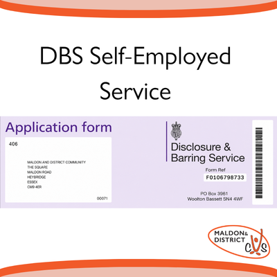 DBS Self-Employed Service advertisement featuring a sample application form with the Disclosure & Barring Service logo and Maldon CVS logo.