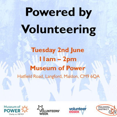 Blue-themed event flyer with white, silhouetted hands raised in joy, titled "Powered by Volunteering." Includes event details at the Museum of Power.