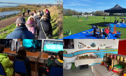 A collage of four images: a group walking on a riverside trail, children playing under a tent on a sunny field, kids gaming indoors, and a colorful room with snacks displayed.