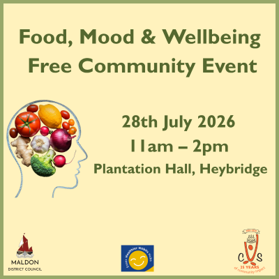 Poster advertising a free community event called “Food, Mood & Wellbeing” on 28 July 2026, 11am–2pm at Plantation Hall, Heybridge, featuring a head silhouette filled with fruits and vegetables.