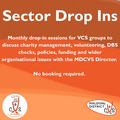 An orange flyer for Sector Drop Ins, monthly sessions for VCS groups to discuss charity management and issues with the MDCVS Director, no booking.