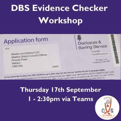 Purple workshop graphic showing a DBS application form, titled “DBS Evidence Checker Workshop,” with details: Thursday 17 September, 1–2:30pm via Teams.