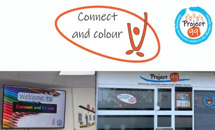 Graphic reading “Connect and colour” above photos of Project 99’s colourful community center entrance, welcoming sign, and branding.