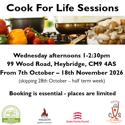 Cook For Life Sessions flyer with fresh vegetables and cooking pan; Wednesdays 1–2:30pm, 7 Oct–18 Nov 2026, Heybridge. Booking essential.