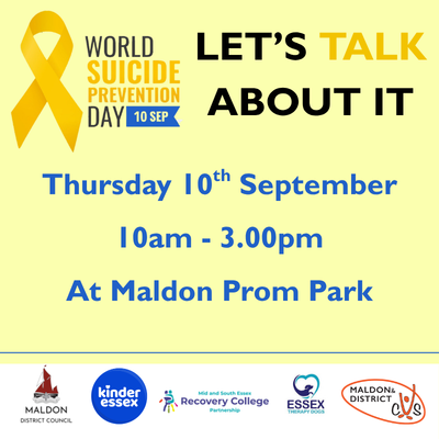 Poster with a yellow suicide prevention ribbon and “Let’s Talk About It,” inviting conversation Thursday 10 September, 10am–3pm at Maldon Prom Park.