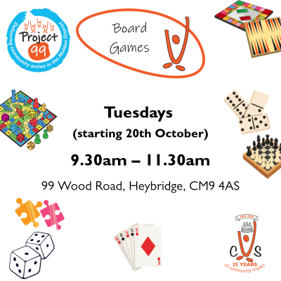 Community flyer inviting people to Tuesday board games at 99 Wood Road, Heybridge, from 9:30–11:30 a.m., starting 20 October; playful illustrations suggest a welcoming gathering.