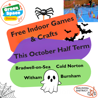 Halloween flyer says “Join Us” for Green Space Games’ October half-term indoor fun: games, sports and crafts, with bats, a ghost and spiderweb.