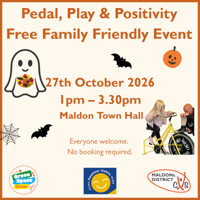 Poster for a cheerful, free, family-friendly cycling event at Maldon Town Hall on 27 October 2026, 1–3:30 pm; Halloween graphics and a tandem bike. Everyone welcome; no booking required.