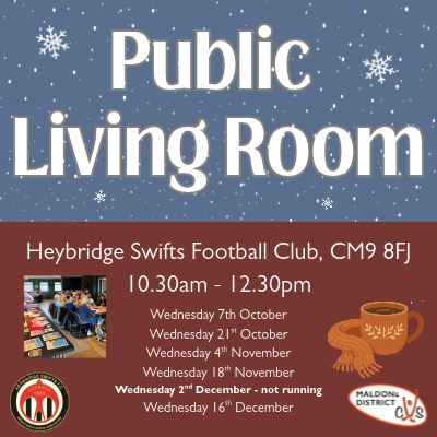 Poster for Public Living Room, a warm, festive community event by Heybridge Swifts FC in CM9 8FJ, with dates, times, and a winter-themed design.