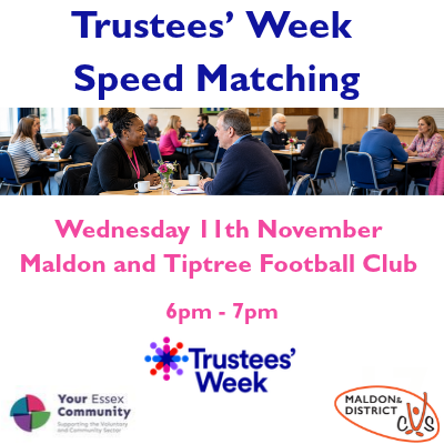 Trustees’ Week Speed Matching flyer with people networking at tables; event is Wednesday 11 November, 6–7 pm at Maldon and Tiptree Football Club.